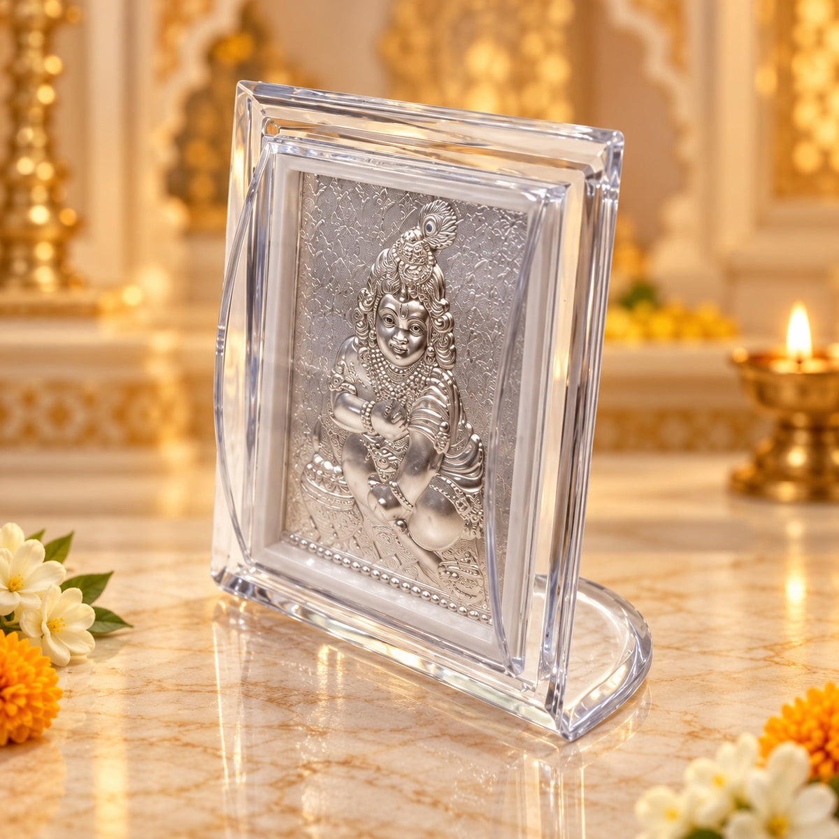 (G59) (MOQ: 4 Pcs) Mini Two Stand Krishna Pure 999 Silver Coated Frame for Pooja Display