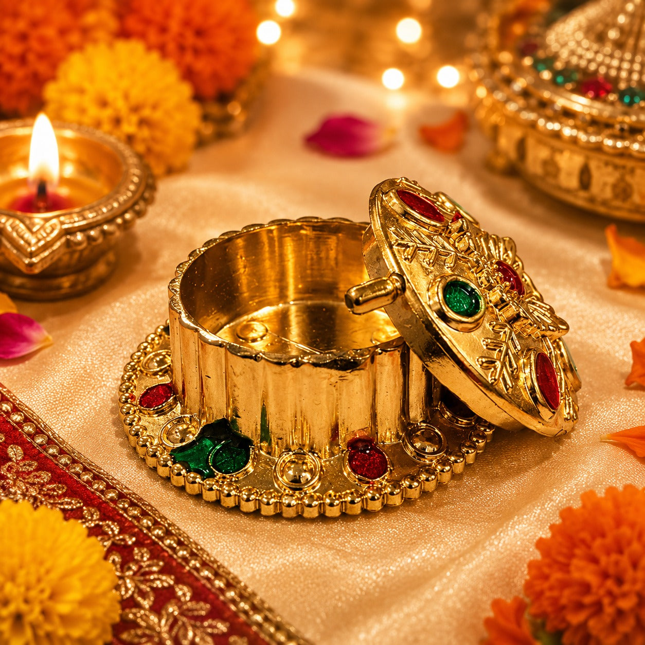 (R-028) (MOQ: 20 Pcs) Gold Plated Haldi Kumkum Box – Pooja & Return Gift Box