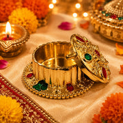 (R-028) (MOQ: 20 Pcs) Gold Plated Haldi Kumkum Box – Pooja & Return Gift Box