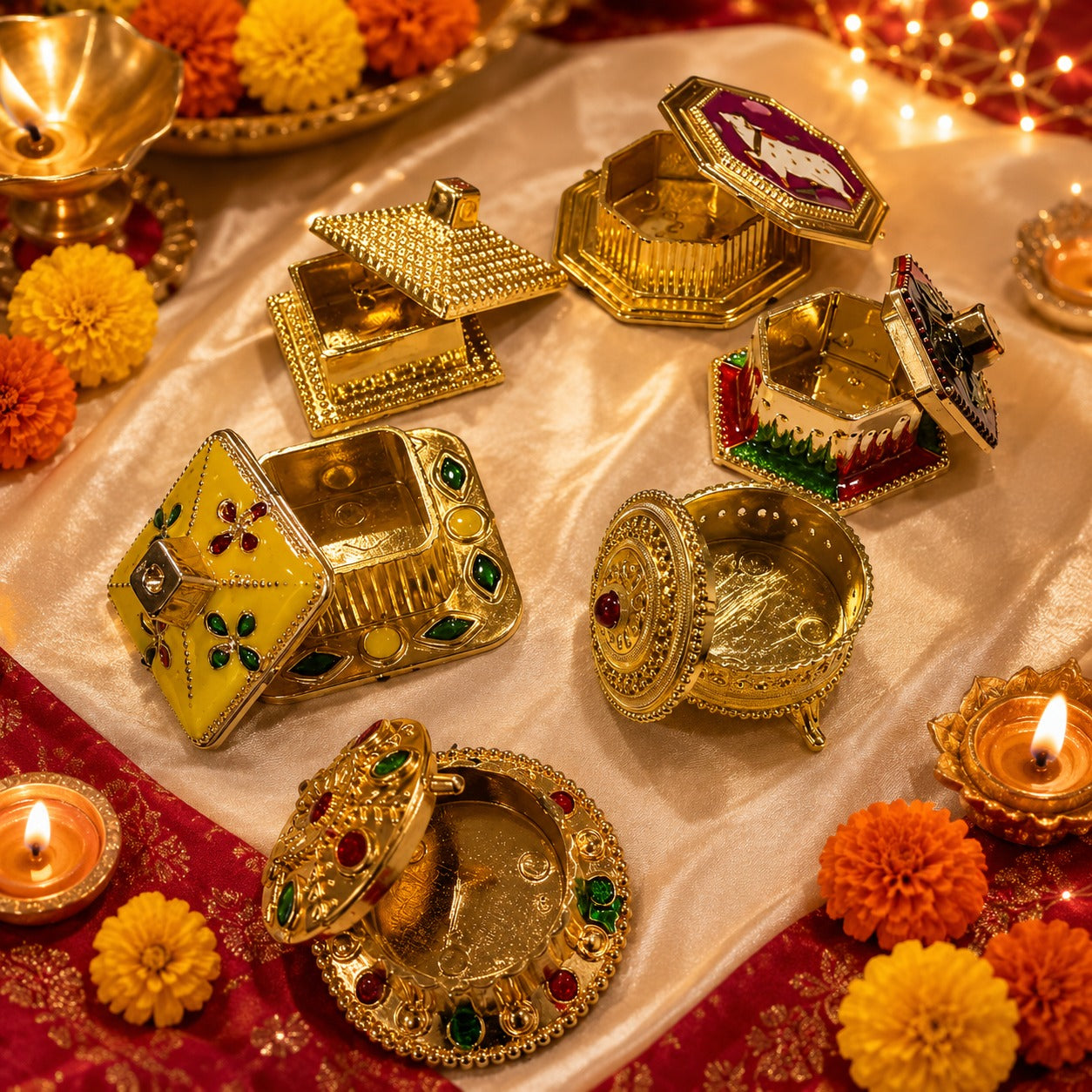 (R-028) (MOQ: 20 Pcs) Gold Plated Haldi Kumkum Box – Pooja & Return Gift Box