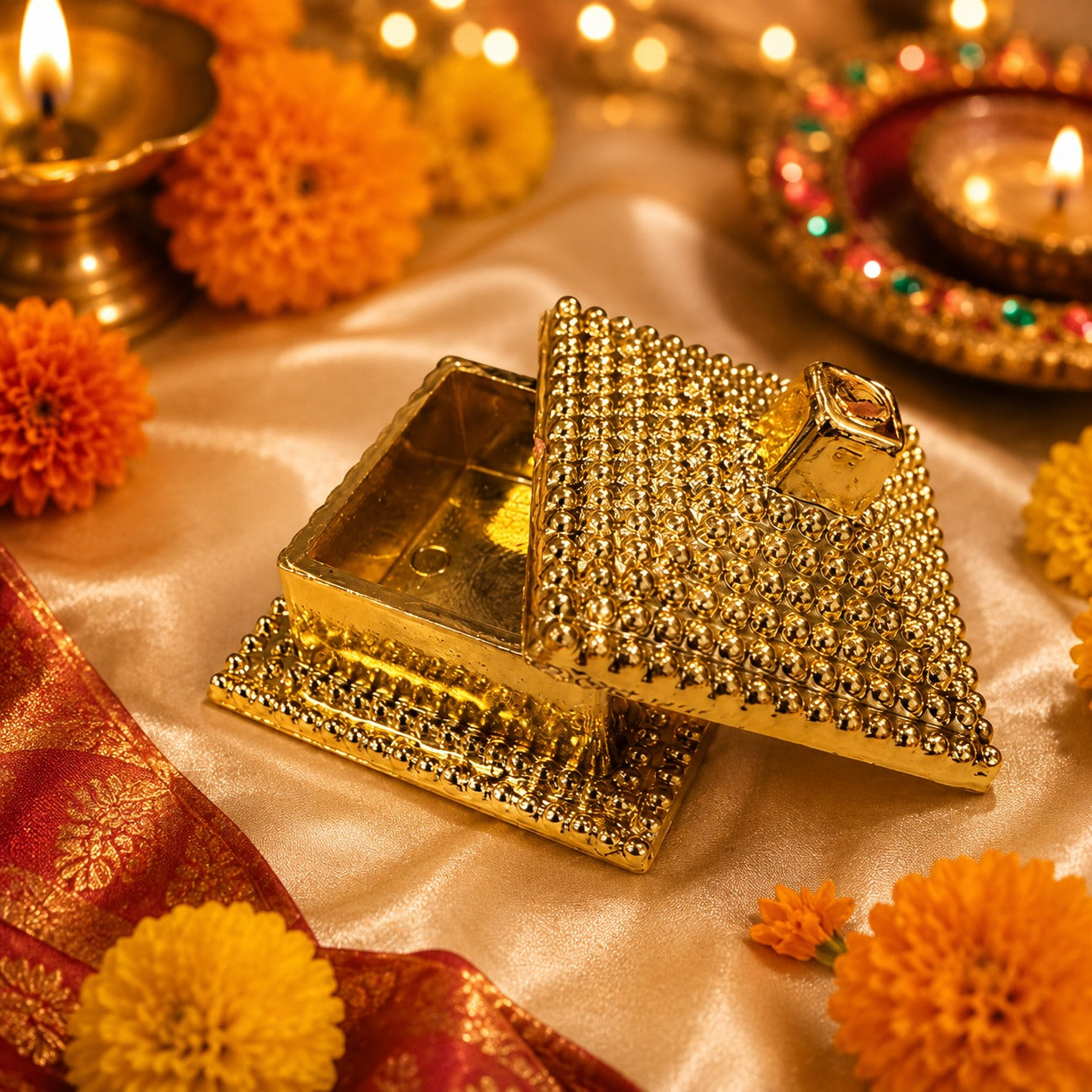 (R-028) (MOQ: 20 Pcs) Gold Plated Haldi Kumkum Box – Pooja & Return Gift Box