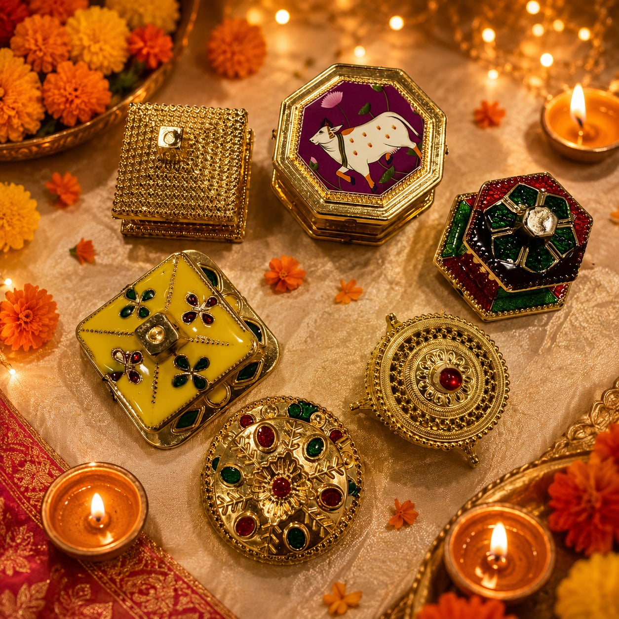 (R-028) (MOQ: 20 Pcs) Gold Plated Haldi Kumkum Box – Pooja & Return Gift Box