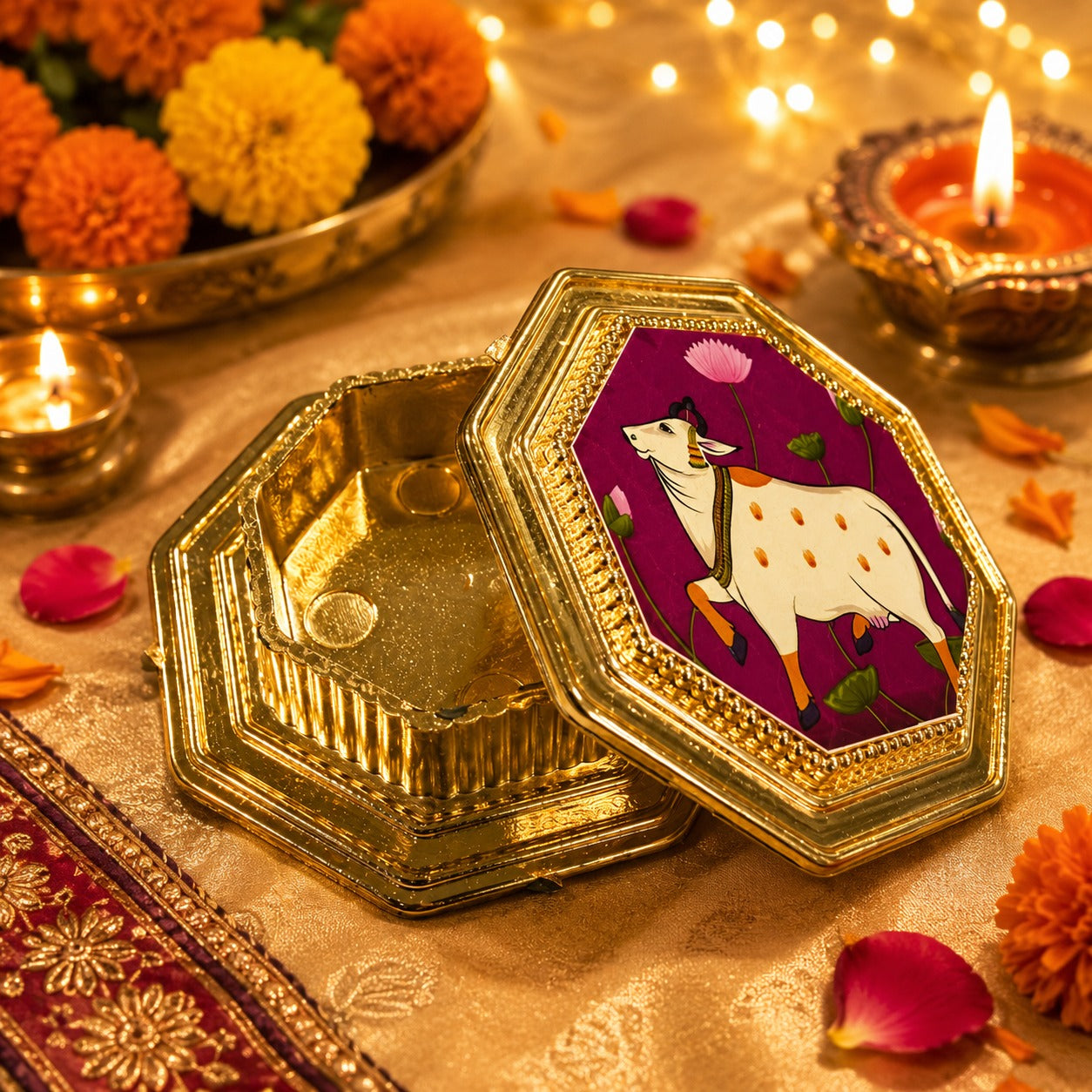 (R-028) (MOQ: 20 Pcs) Gold Plated Haldi Kumkum Box – Pooja & Return Gift Box