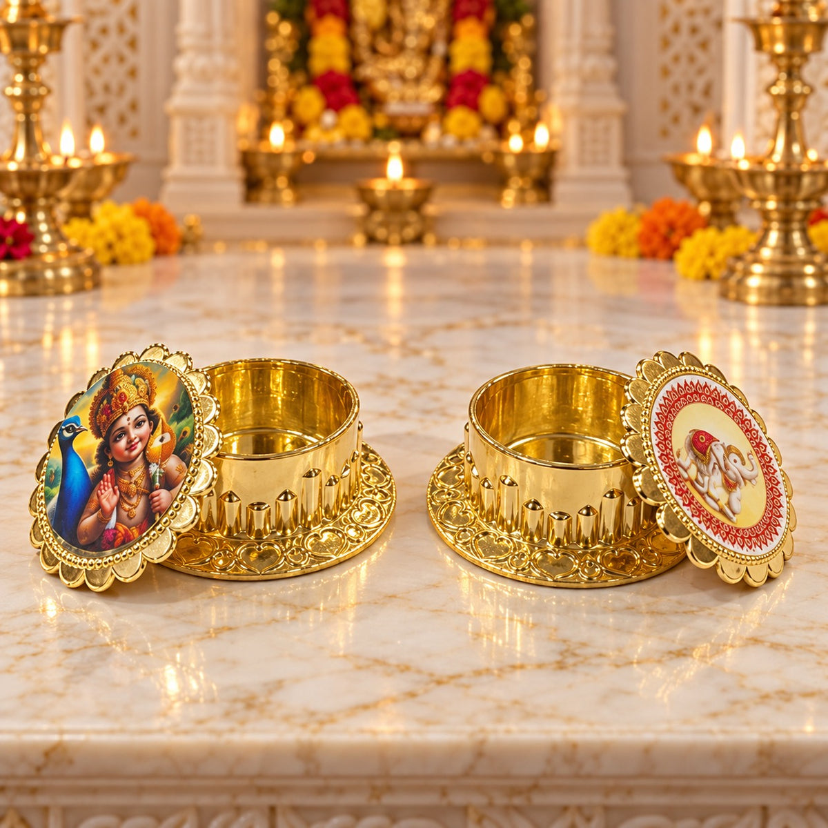 (R50) (MOQ: 10 Pcs) Gold Colour Coated Kumkum Box with Assorted Images for Pooja Gifting