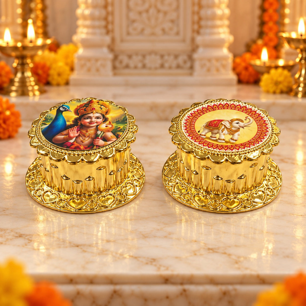 (R50) (MOQ: 10 Pcs) Gold Colour Coated Kumkum Box with Assorted Images for Pooja Gifting
