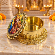 (R50) (MOQ: 10 Pcs) Gold Colour Coated Kumkum Box with Assorted Images for Pooja Gifting