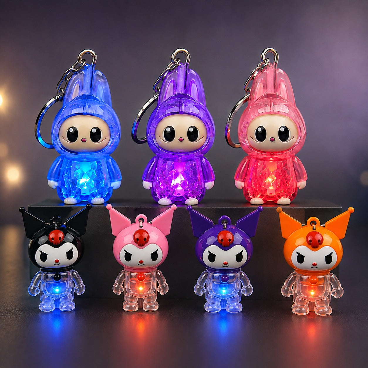 (KC-035) (MOQ: 5 Pcs)Kuromi & Labubu LED Flash Light Keychain – Cartoon Keychain