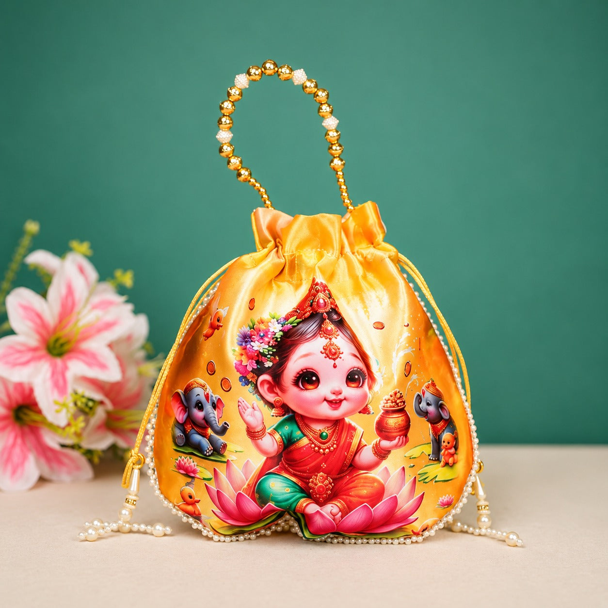 (R-002) (MOQ 10 - Pieces) Handcrafted Lakshmi Potli Gift Bags