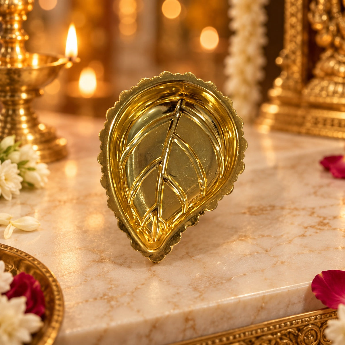(MG12) (MOQ: 6 Pcs) Leaf Shape Brass Diya Lamp for Daily Pooja and Festive Decor