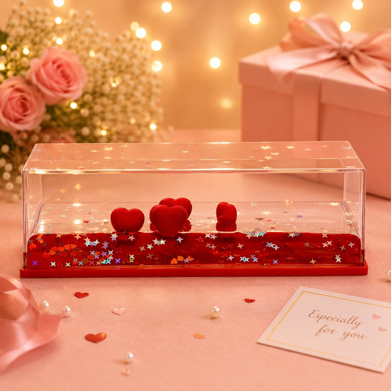 (G-008) Clear Liquid Desk Pen Stand with Floating Hearts