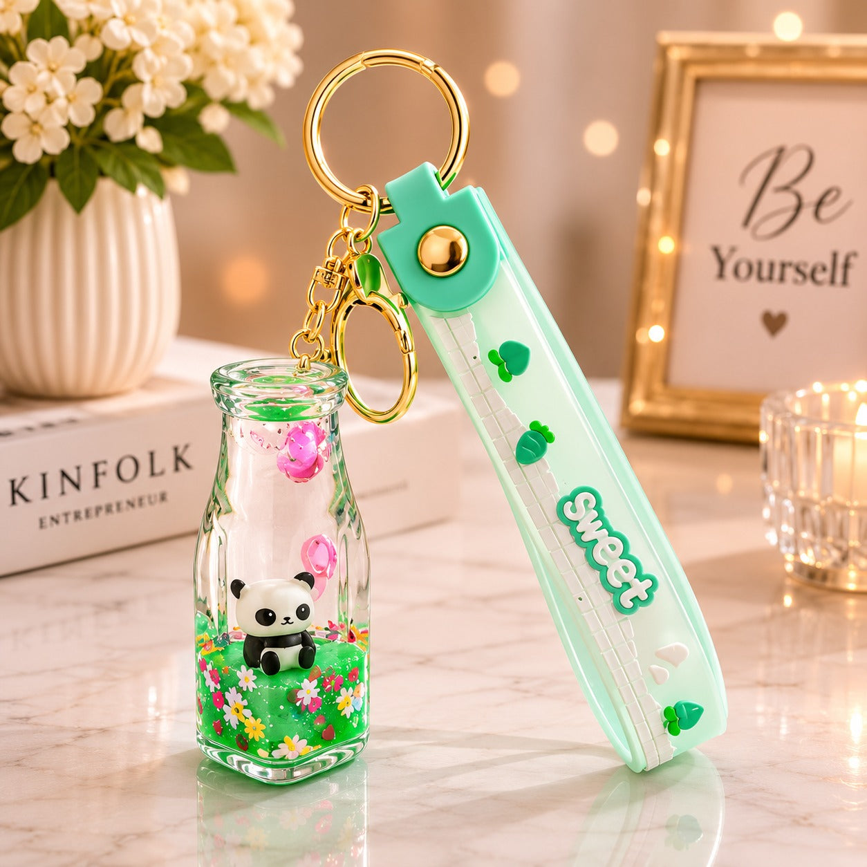 (KC-032) (MOQ: 4 Pcs) Acrylic Liquid Floating Panda Doll Keychain – Floating Glitter Keychain