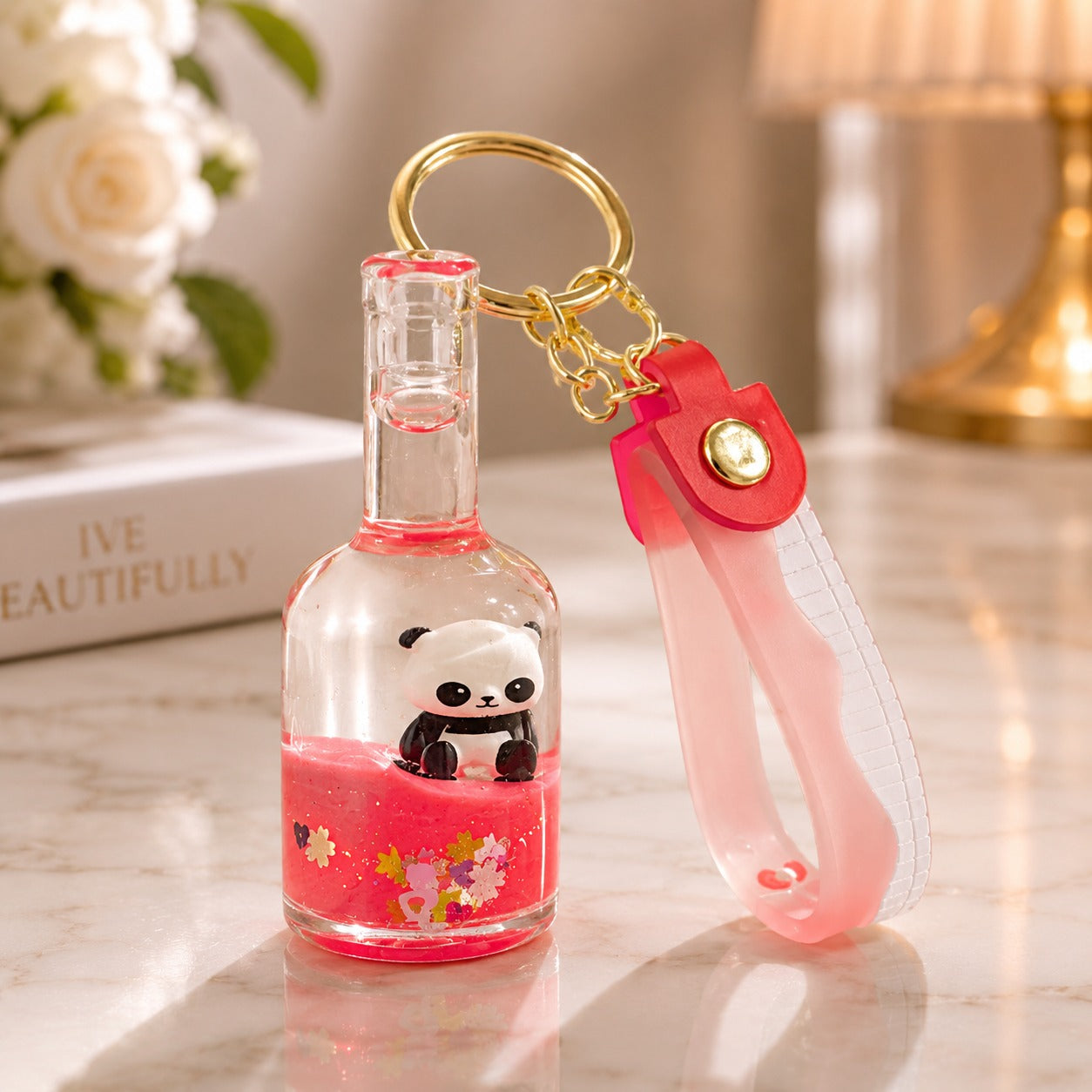 (KC-032) (MOQ: 4 Pcs) Acrylic Liquid Floating Panda Doll Keychain – Floating Glitter Keychain