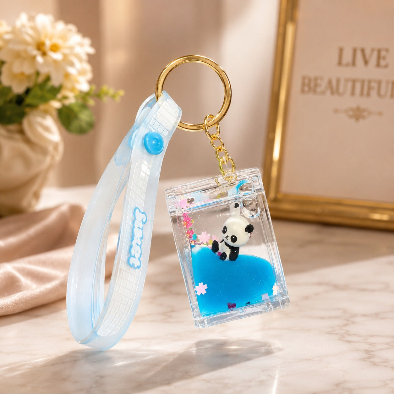 (KC-032) (MOQ: 4 Pcs) Acrylic Liquid Floating Panda Doll Keychain – Floating Glitter Keychain