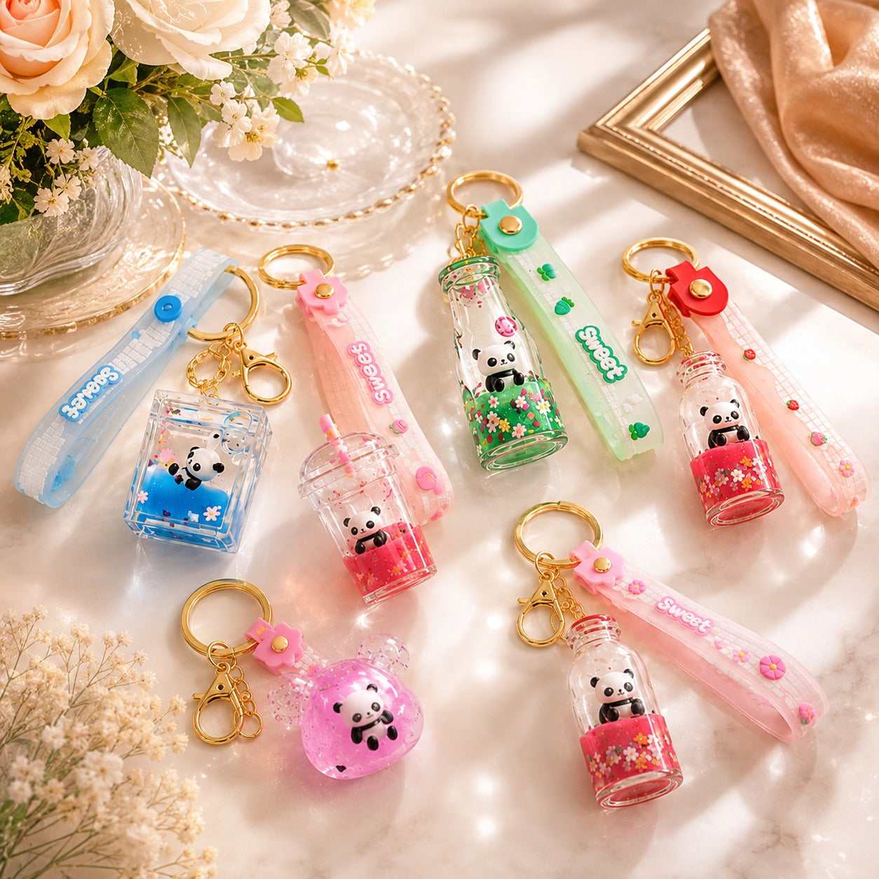 (KC-032) (MOQ: 4 Pcs) Acrylic Liquid Floating Panda Doll Keychain – Floating Glitter Keychain