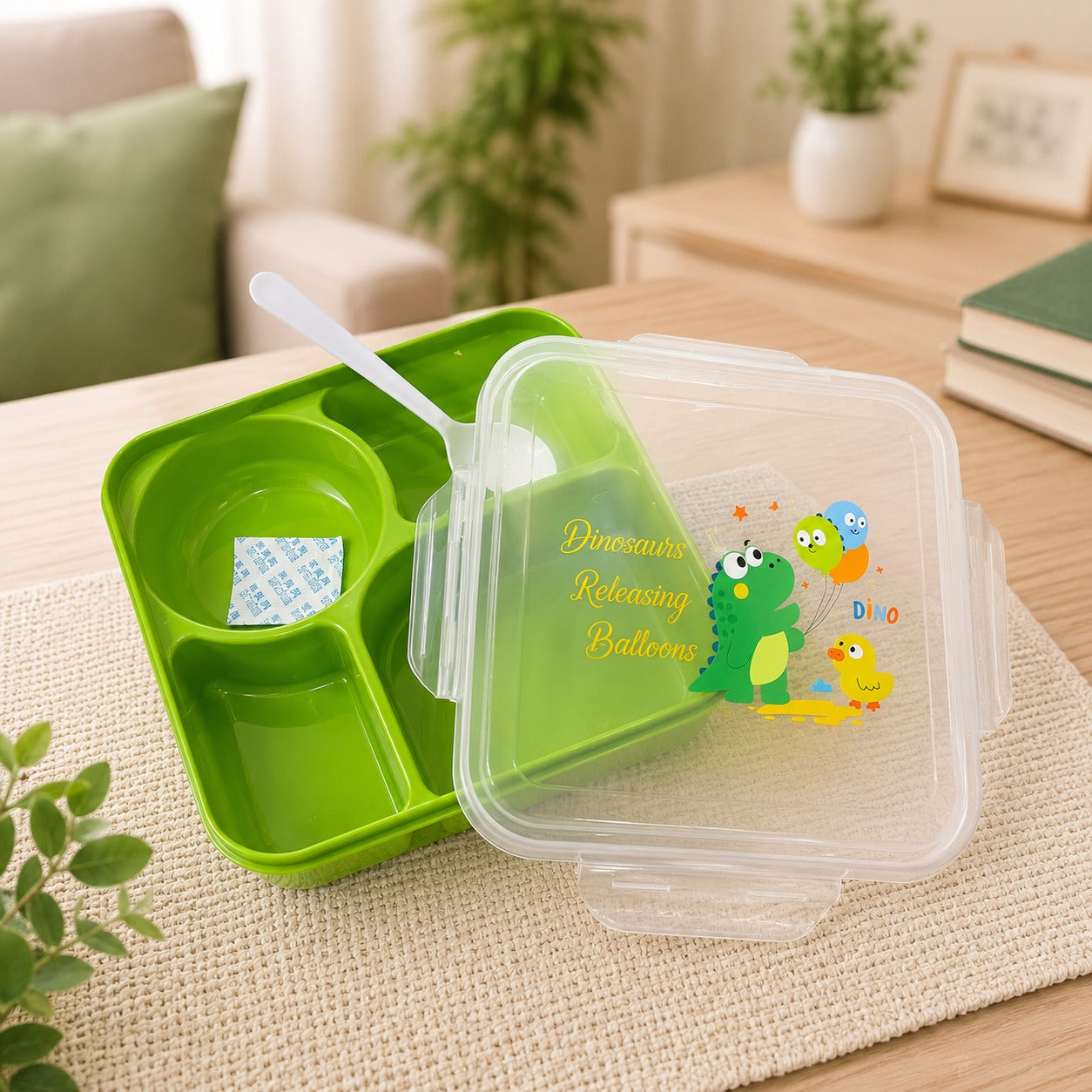 (KA-015) (MOQ: 4 Pcs) Dino Lunch Box with 4-Compartment and Spoon