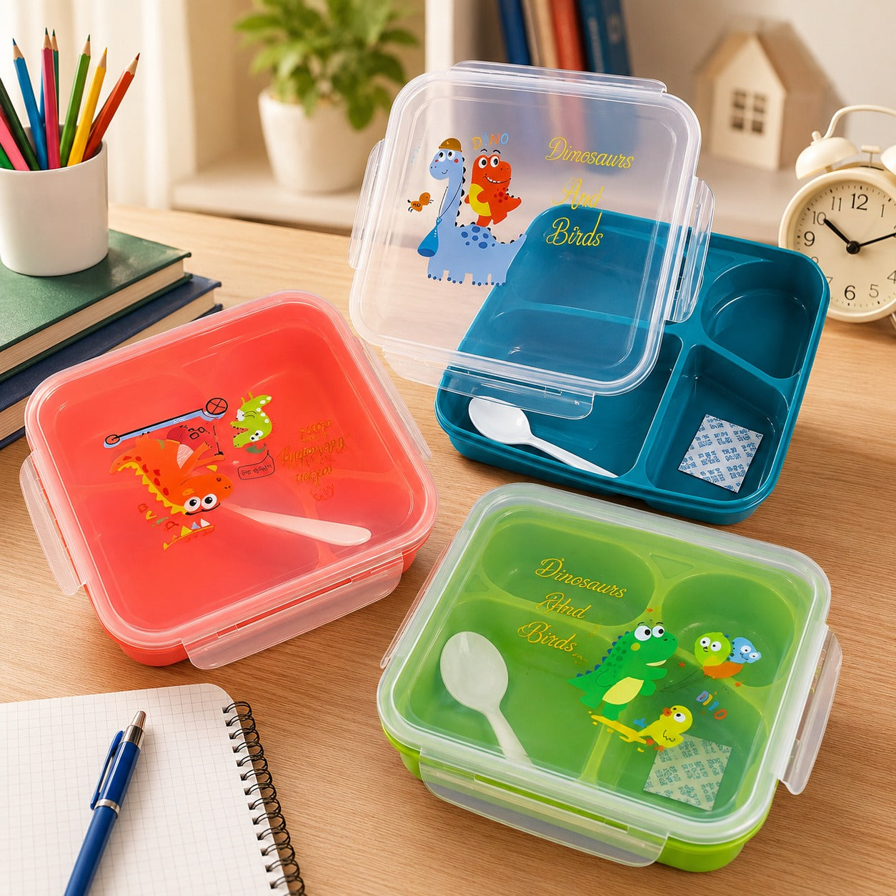 (KA-015) (MOQ: 4 Pcs) Dino Lunch Box with 4-Compartment and Spoon