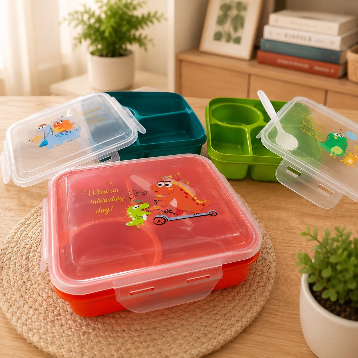 (KA-015) (MOQ: 4 Pcs) Dino Lunch Box with 4-Compartment and Spoon