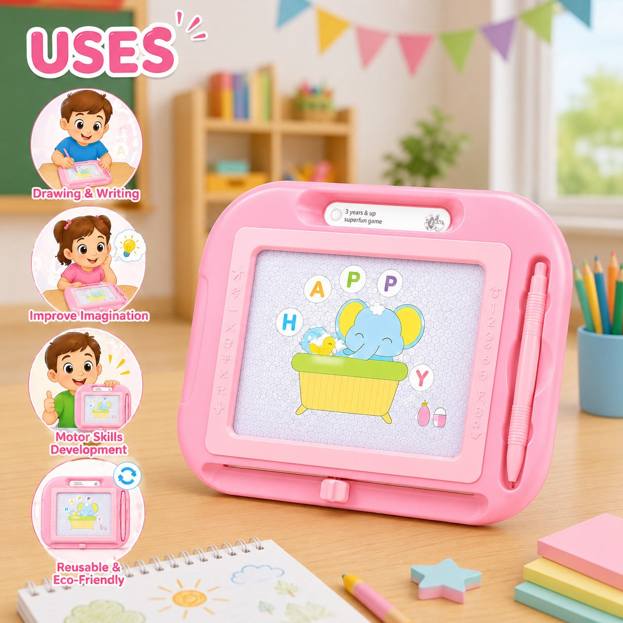 (S-007)  (MOQ: 4 Pcs) Magnetic Drawing Board – Reusable Writing & Doodle Pad