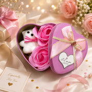 (G-047) (MOQ: 4 Pcs) Medium Size Heart Shape Gift Tin Box with Teddy Bear and Roses