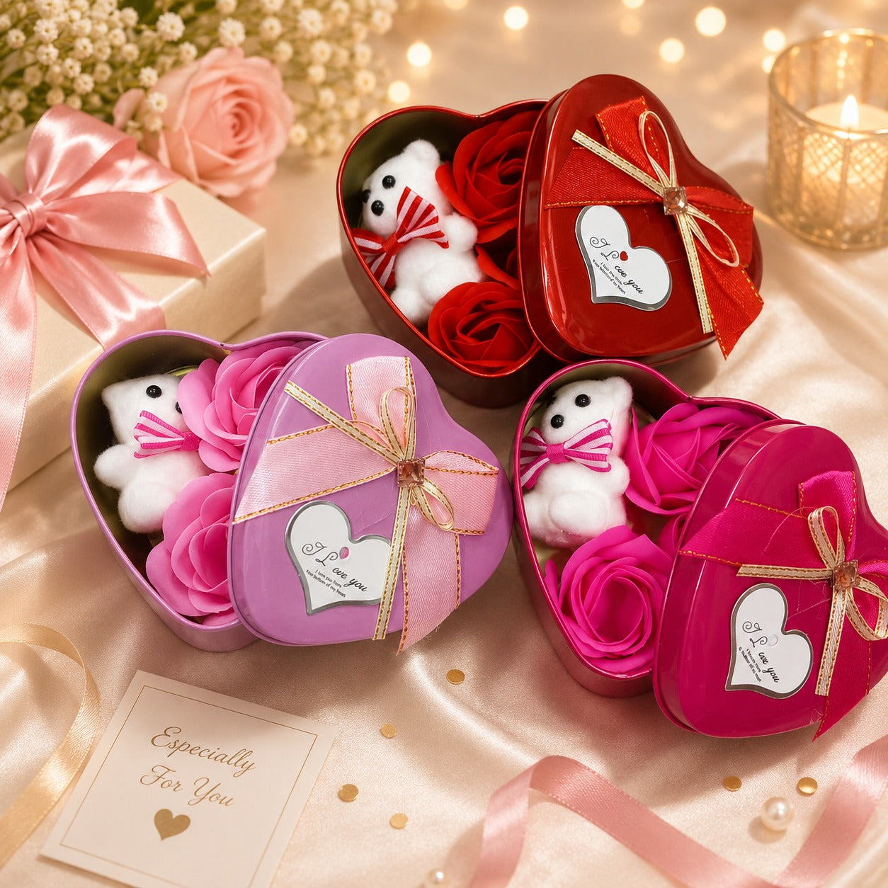 (G-047) (MOQ: 4 Pcs) Medium Size Heart Shape Gift Tin Box with Teddy Bear and Roses