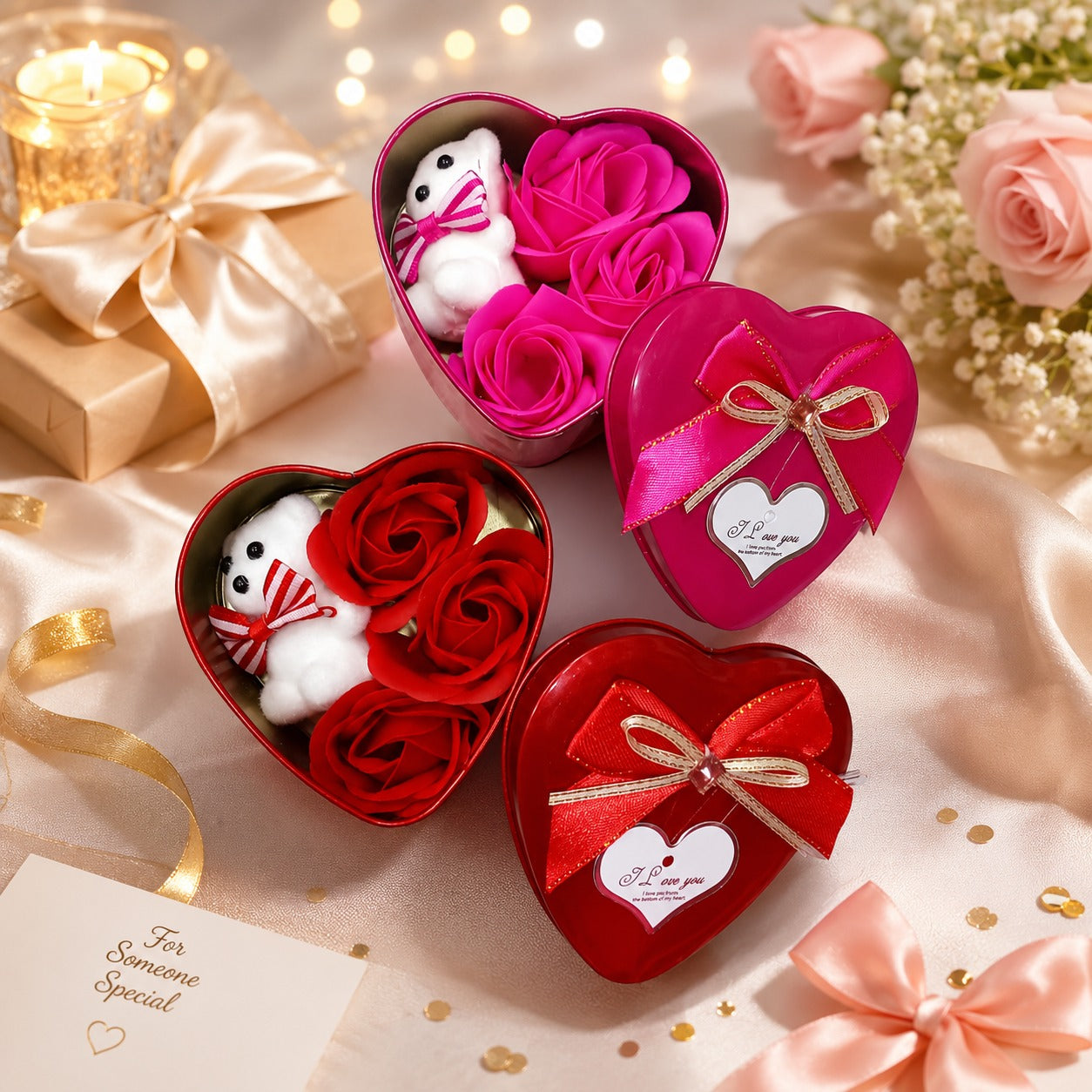 (G-047) (MOQ: 4 Pcs) Medium Size Heart Shape Gift Tin Box with Teddy Bear and Roses