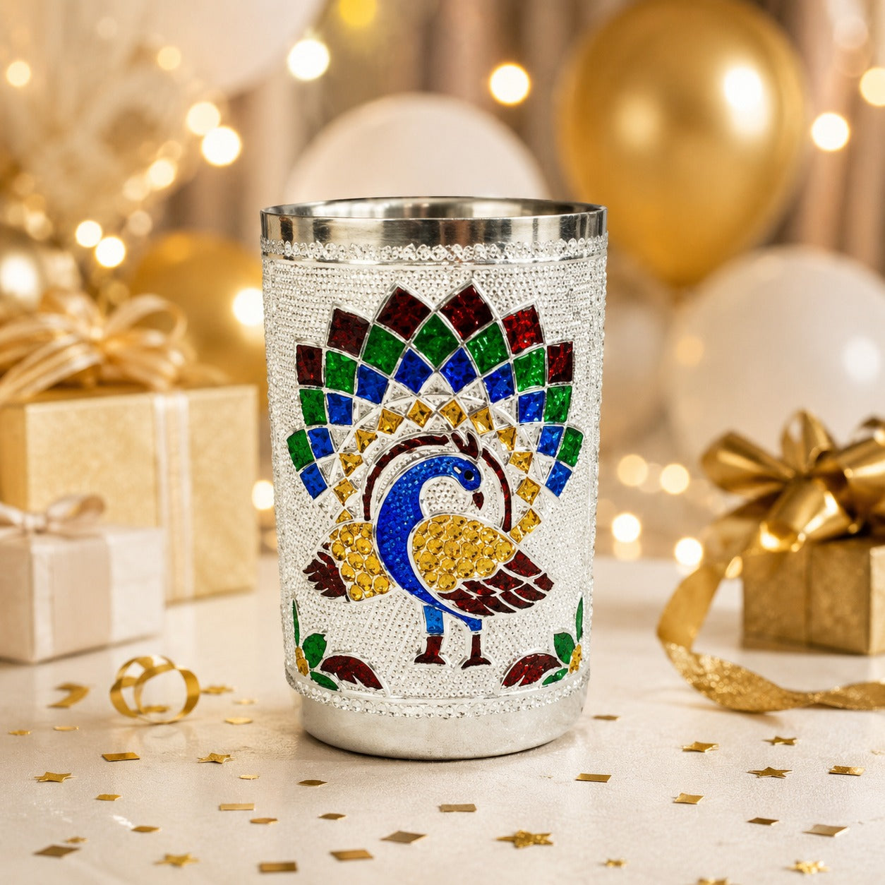 (R-027) (MOQ: 4 Pcs) Meenakari Stainless Steel Drinking Glass – Traditional Multi-Design Tumbler