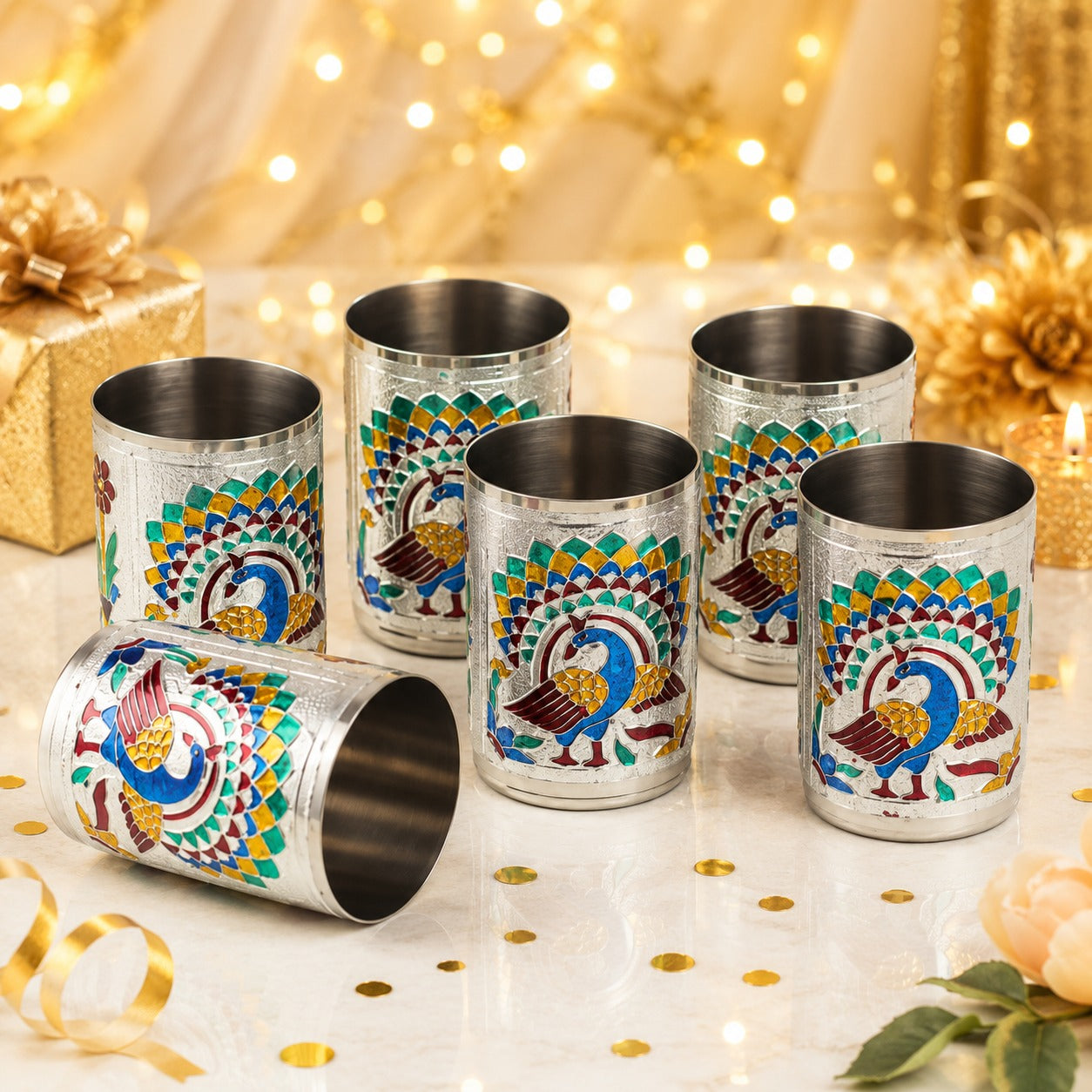 (R-027) (MOQ: 4 Pcs) Meenakari Stainless Steel Drinking Glass – Traditional Multi-Design Tumbler