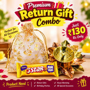 (NRC15) (MOQ: 30 Pcs) Return Gift Combo – Lotus Brass Diya (Oil Lamp), Potli Return Bag & Cadbury 5 Star Chocolate
