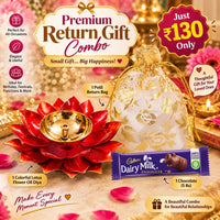 (NRC16) (MOQ: 30 Pcs) Lotus Diya Return Gift Combo – Decorative Potli Bag & Dairy Milk Chocolate