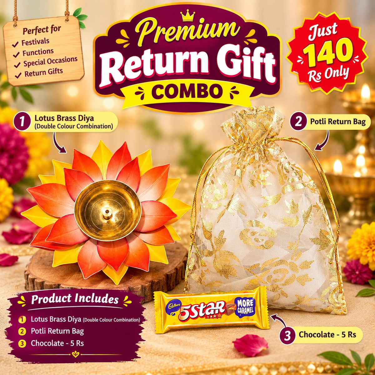 (NRC17) (MOQ: 30 Pcs) Premium Lotus Brass Diya Return Gift Combo – Potli Bag & 5 Star Chocolate