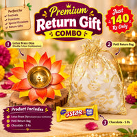 (NRC17) (MOQ: 30 Pcs) Premium Lotus Brass Diya Return Gift Combo – Potli Bag & 5 Star Chocolate