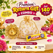 (NRC18) (MOQ: 30 Pcs) Decorative Brass Oil Diya Return Gift Combo – Potli Bag & 5 Star Chocolate