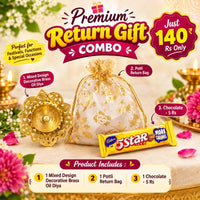 (NRC18) (MOQ: 30 Pcs) Decorative Brass Oil Diya Return Gift Combo – Potli Bag & 5 Star Chocolate