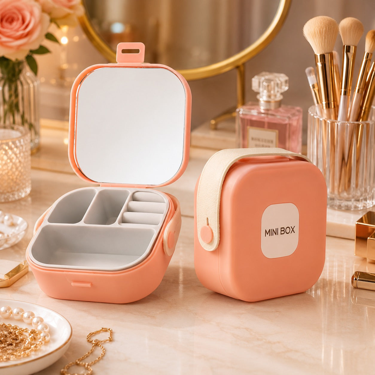 (G-036) Mini Box Portable Jewelry Storage Box with Mirror and Leather Handle