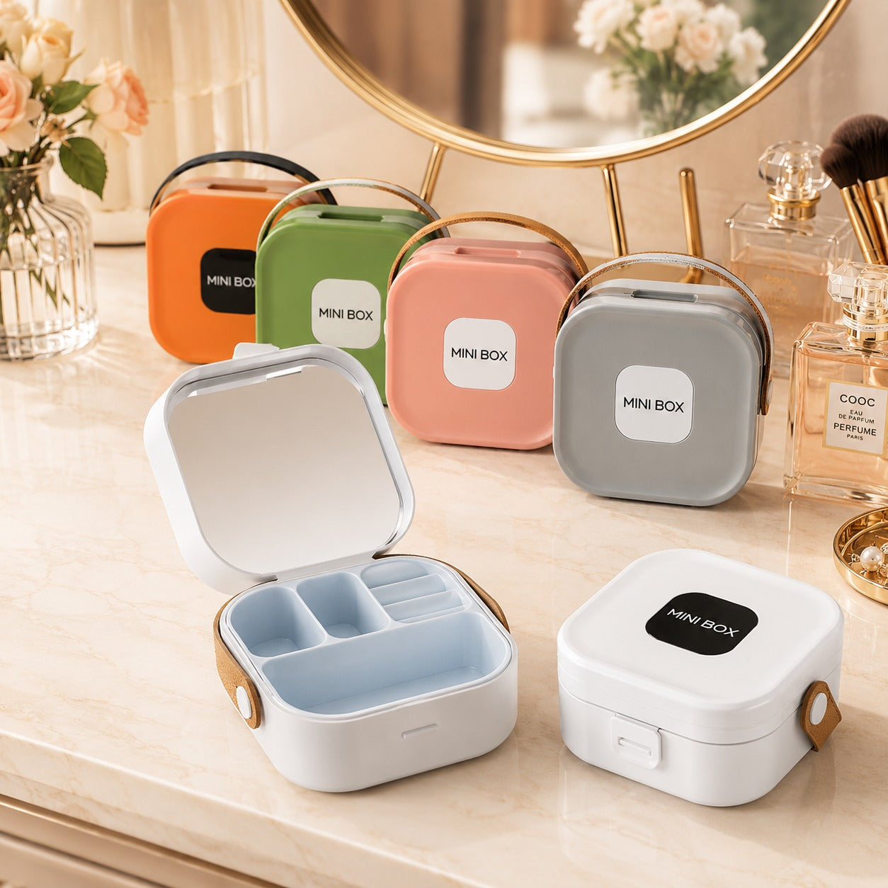(G-036) Mini Box Portable Jewelry Storage Box with Mirror and Leather Handle
