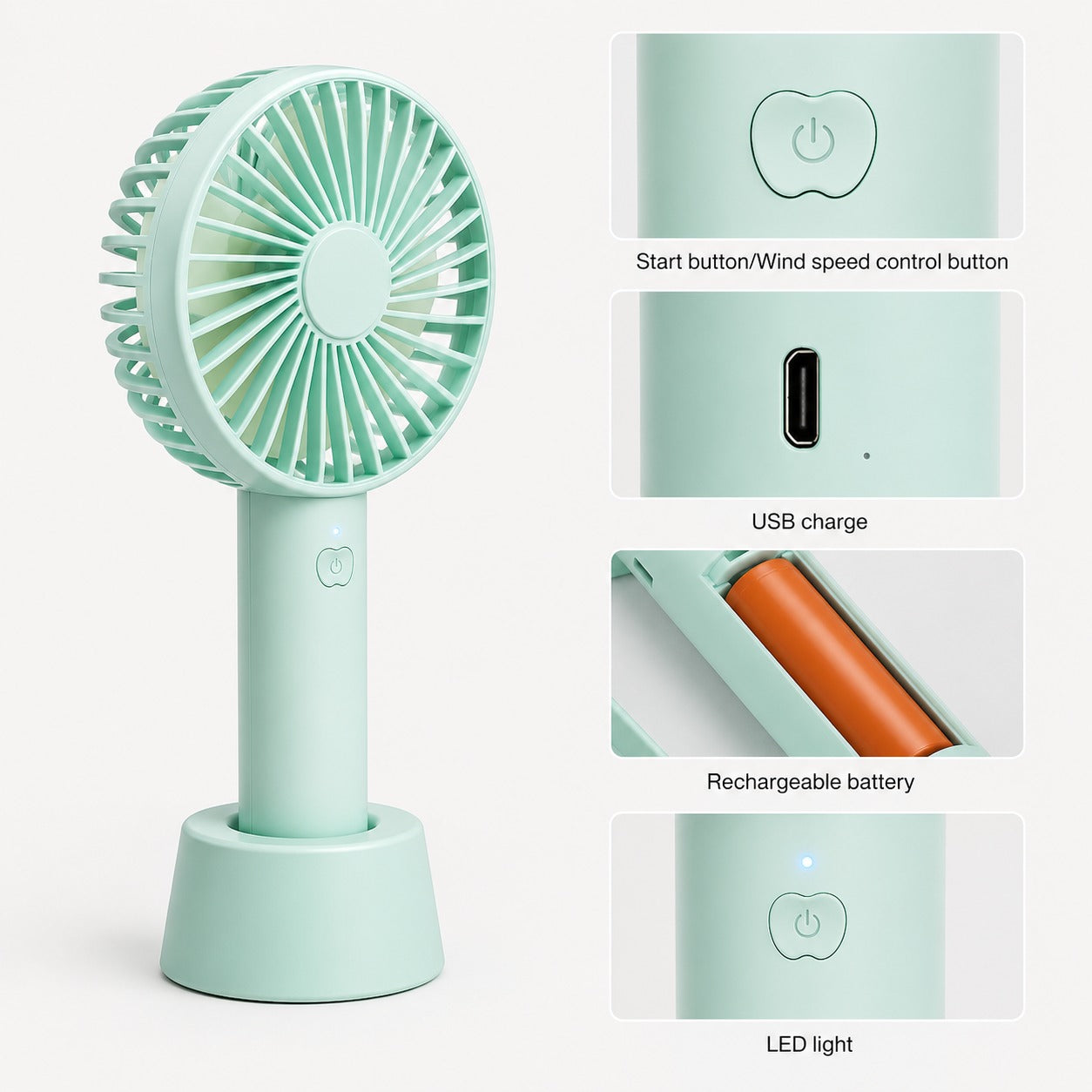 (HL-022) Mini Portable Rechargeable Hand Fan with LED – Cooling Fan