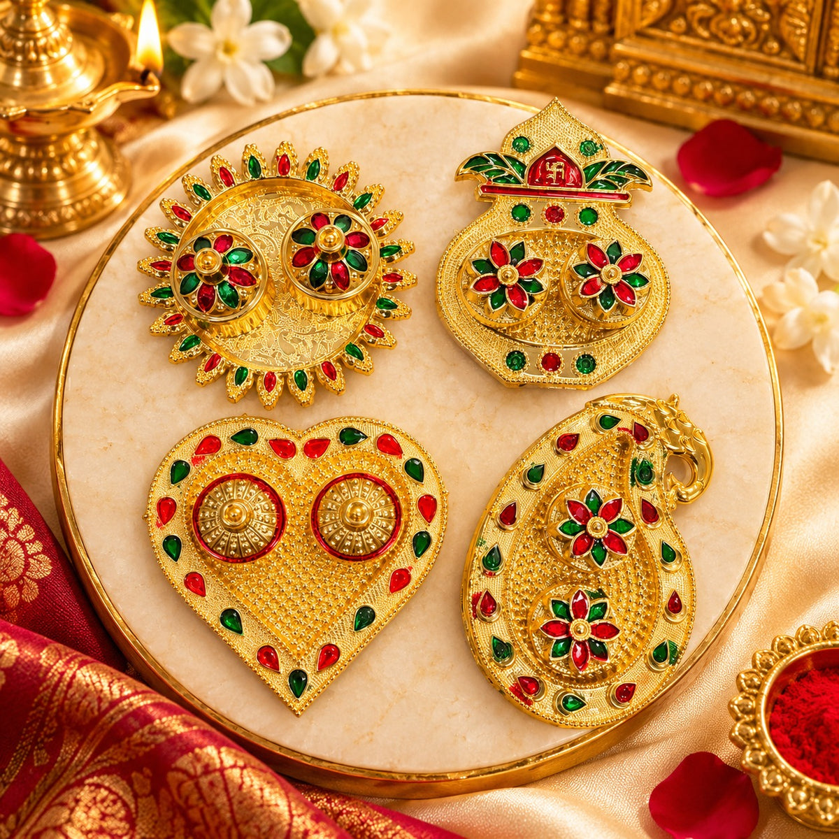 (R38) (MOQ: 4 Pcs) Gold Color Coted Decorative Pooja Plate with Boxes (Mini Size)