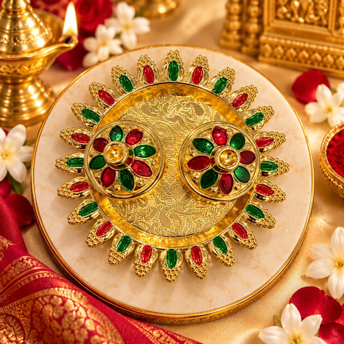 (R38) (MOQ: 4 Pcs) Gold Color Coted Decorative Pooja Plate with Boxes (Mini Size)