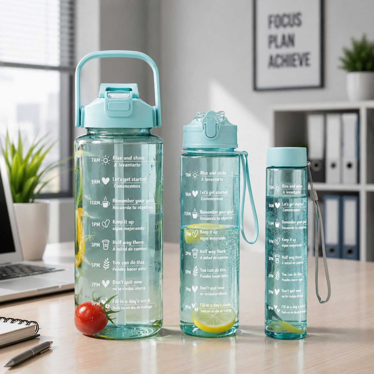 (B-002) Set of 3 Transparent Motivational Water Bottles – 2000ml, 900ml & 300ml