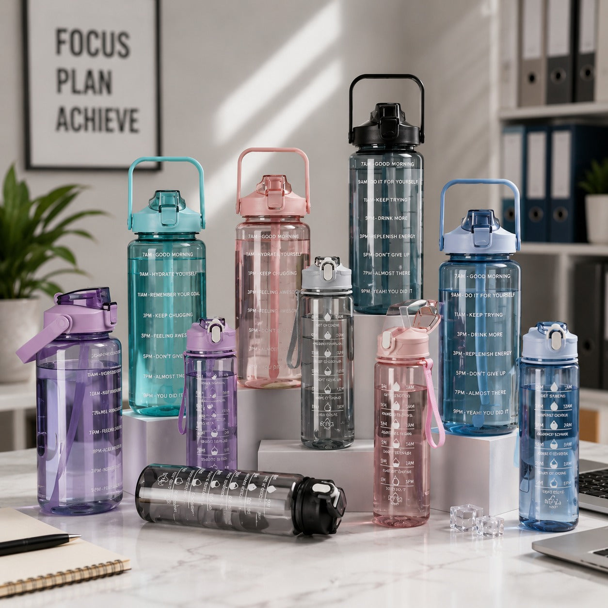 (B-002) Set of 3 Transparent Motivational Water Bottles – 2000ml, 900ml & 300ml