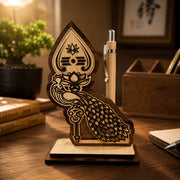 (G-039) Wooden Lord Murugan Pen Holder with Pen – Peacock Design
