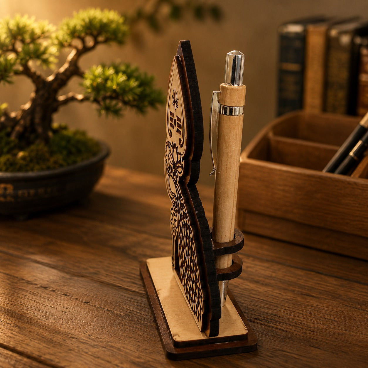 (G-039) Wooden Lord Murugan Pen Holder with Pen – Peacock Design