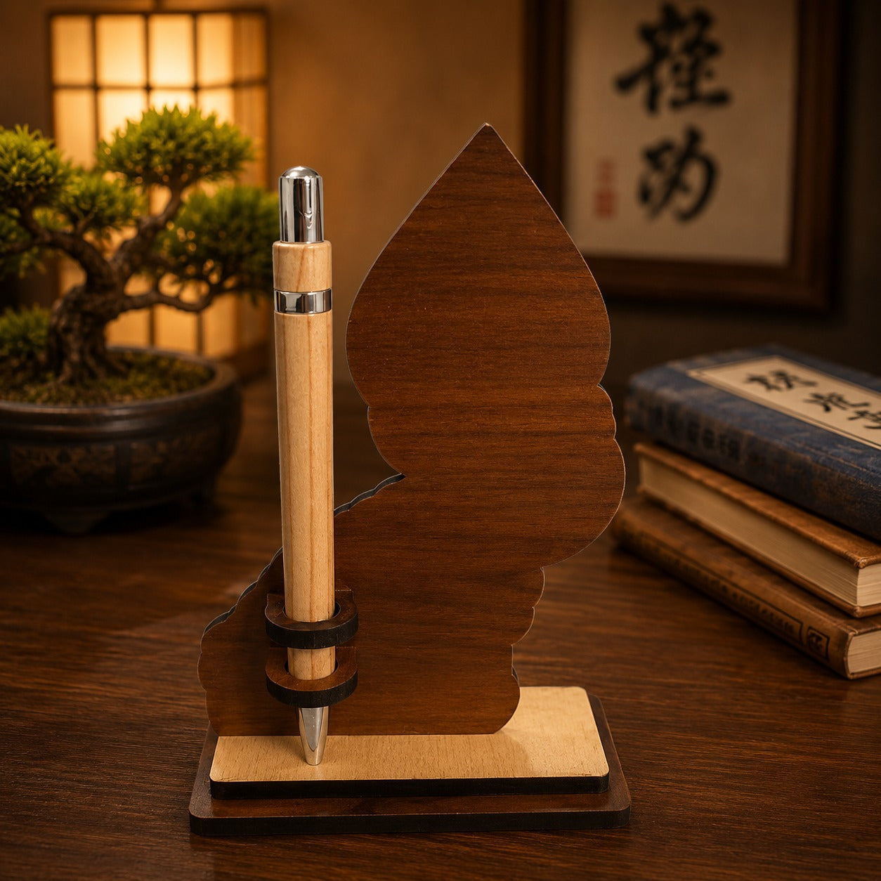 (G-039) Wooden Lord Murugan Pen Holder with Pen – Peacock Design