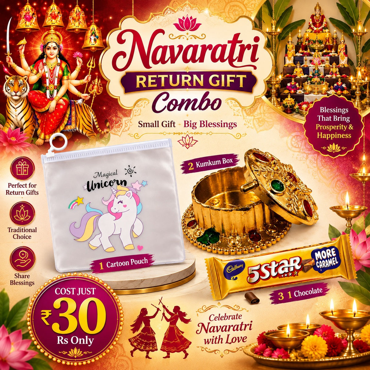 (NRC22) (MOQ: 30 Pcs) Navaratri Return Gift Combo – Unicorn Pouch, 2 Kumkum Boxes & 5 Star Chocolate