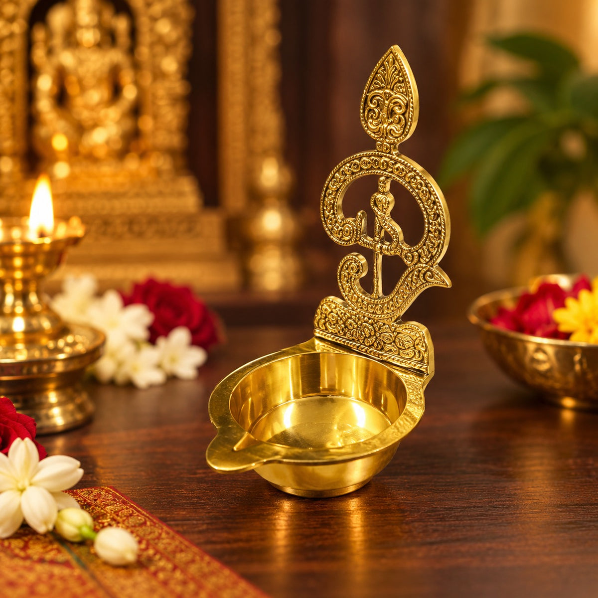 (MG17) (MOQ: 30 Pcs) Brass Om Vel Murugan Diya Oil Lamp for Daily Pooja Rituals