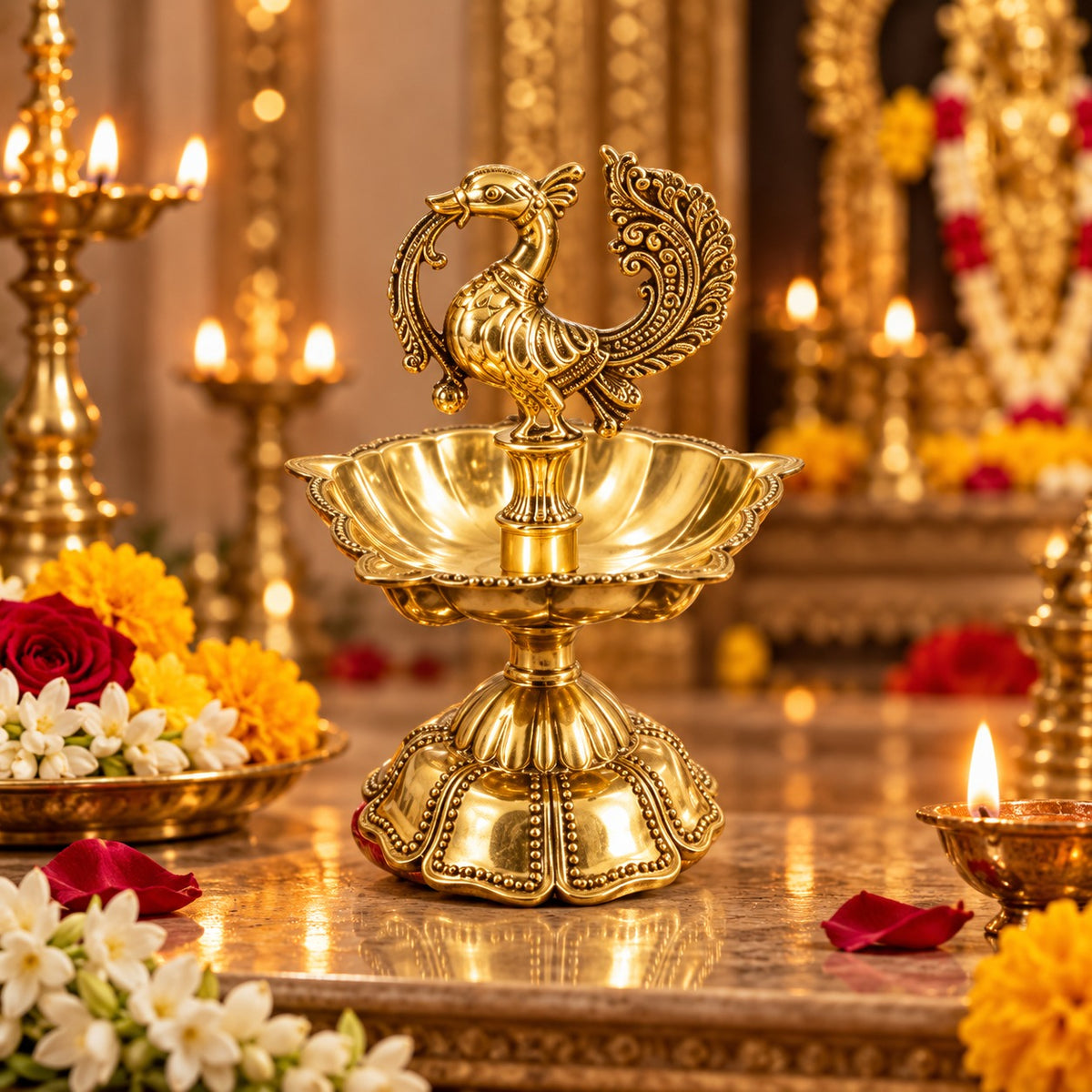 (MG16) (MOQ: 30 Pcs) Peacock Design Golden Finish Brass Diya Oil Lamp for Pooja