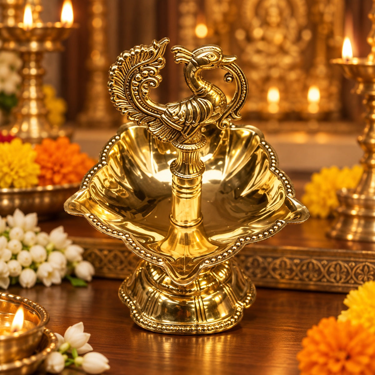 (MG16) (MOQ: 30 Pcs) Peacock Design Golden Finish Brass Diya Oil Lamp for Pooja