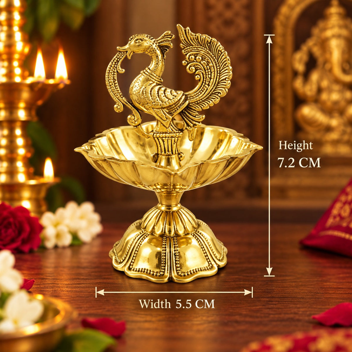 (MG16) (MOQ: 30 Pcs) Peacock Design Golden Finish Brass Diya Oil Lamp for Pooja