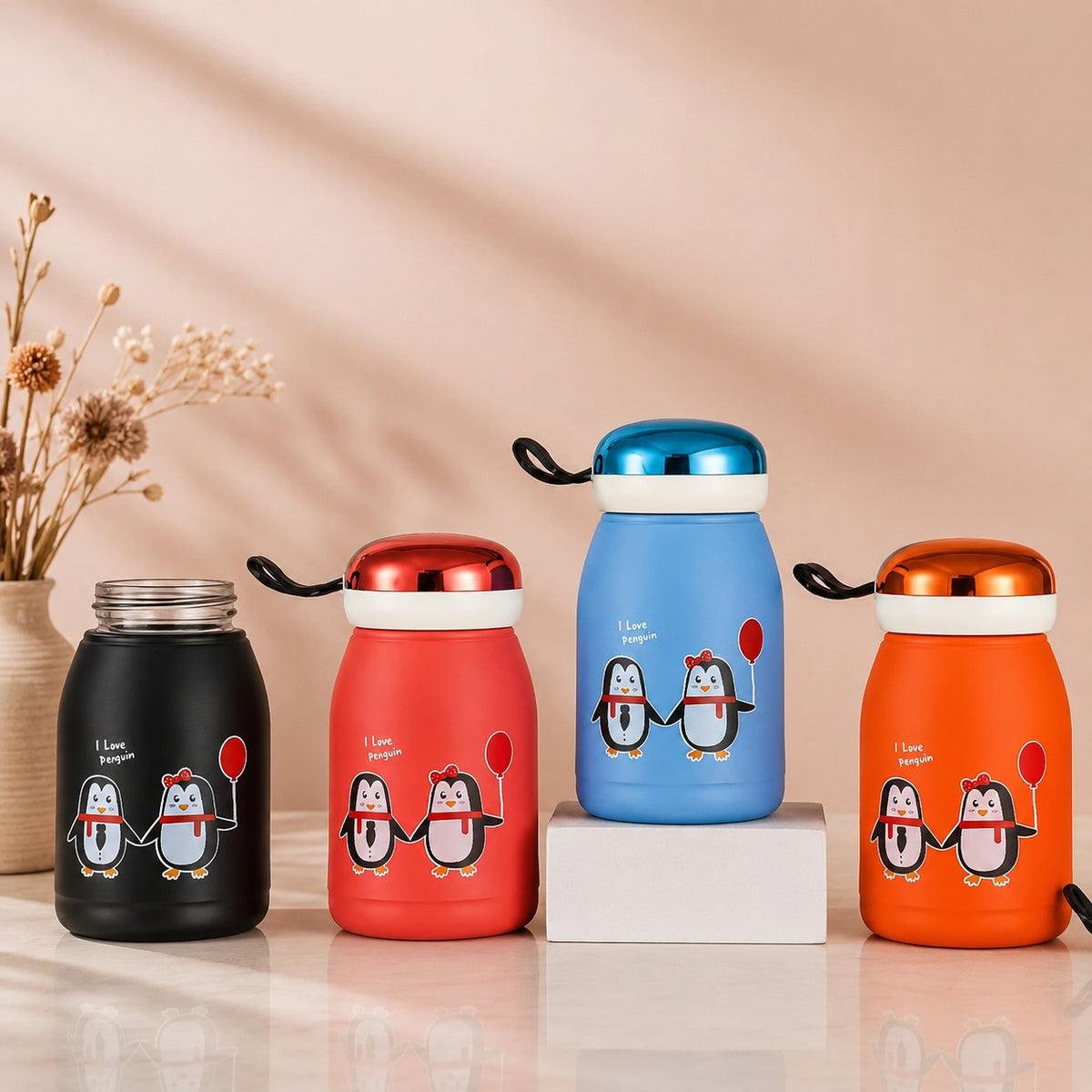 (B11) (MOQ: 4 Pcs) Penguin Kids Glass Water Bottle 350ML – Leakproof Drinking Bottle