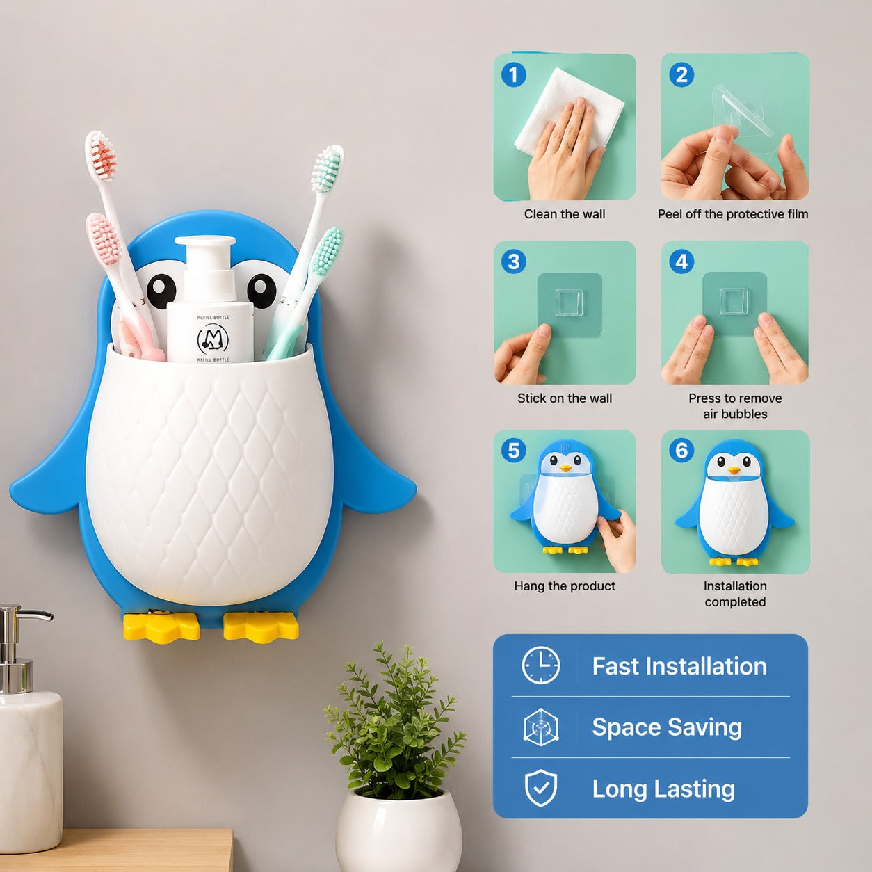 (HL-021) (MOQ: 4 Pcs) Penguin Self-Adhesive Multipurpose Wall Stand